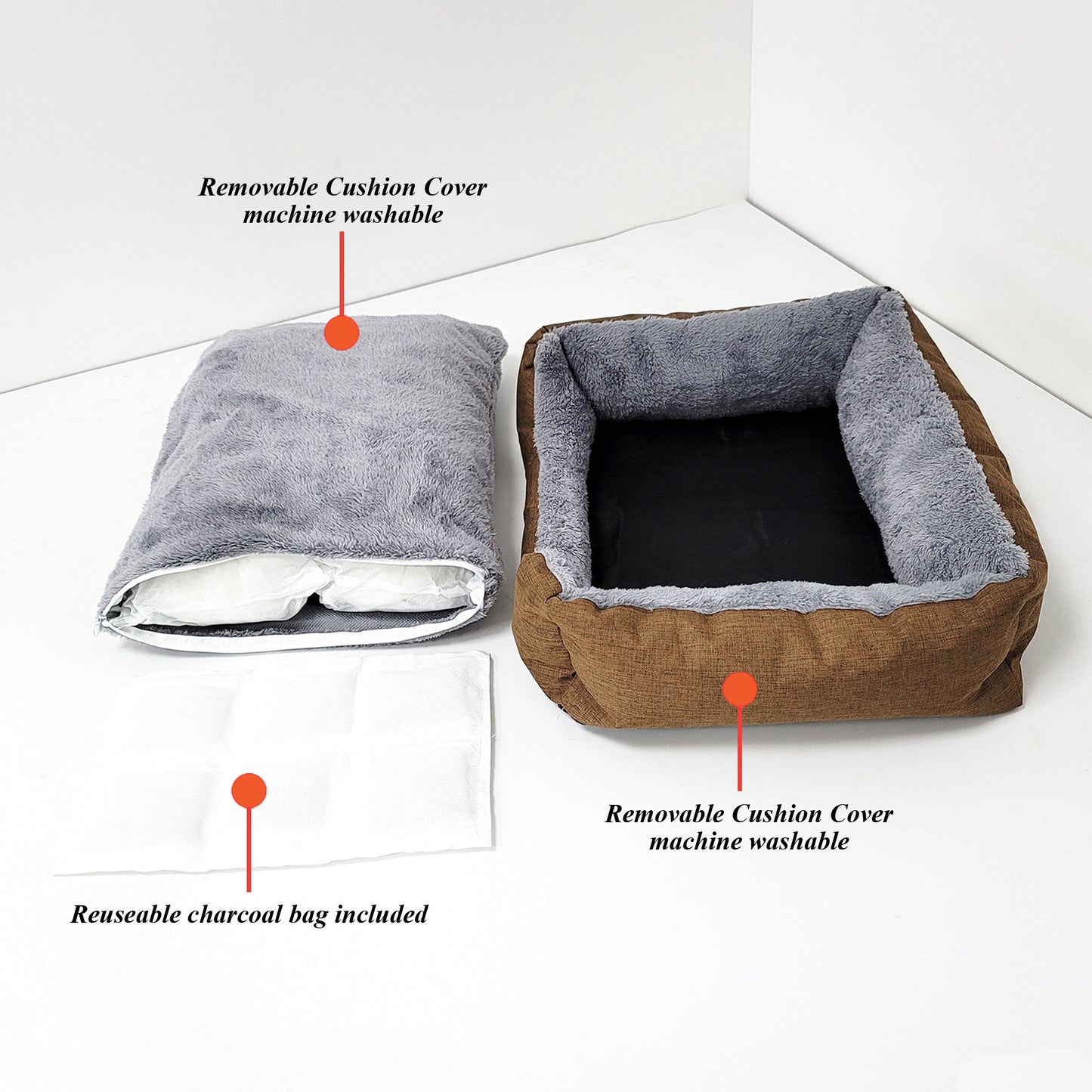 Ultra Soft Cushion Cat Bed with Odor Removing Charcoal Bags (Blue/Brown)