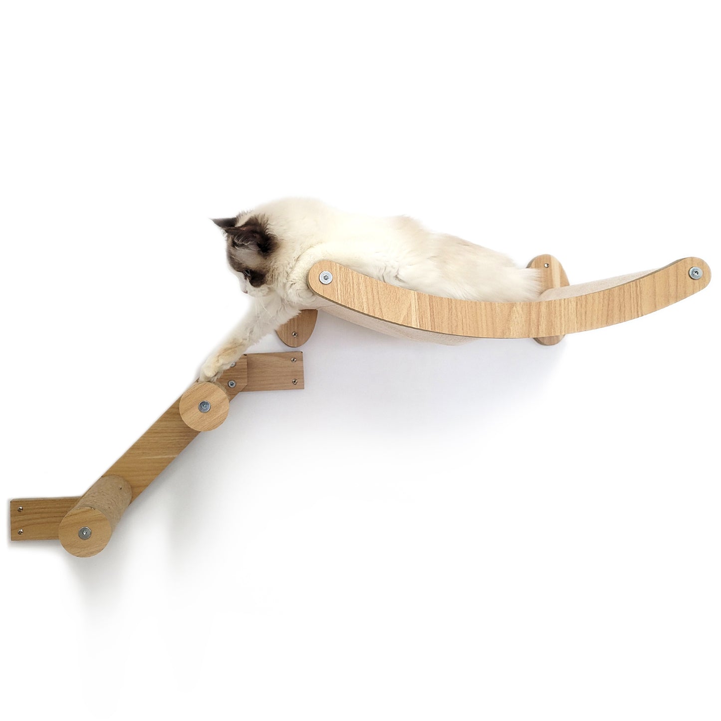 Stud Mounted Cat Wall Hammock with Stylish Curve Panel & Jumping Steps, Walnut