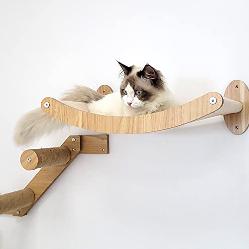 Stud Mounted Cat Wall Hammock with Stylish Curve Panel & Jumping Steps, Walnut