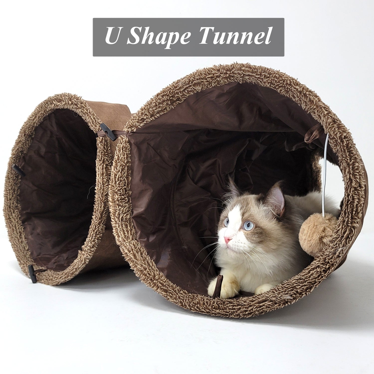 cat tent with tunnel palm print 12" dia. Collapsible Crinkle Cat Play Tunnel with Hanging Toy Ball – HeyKitten