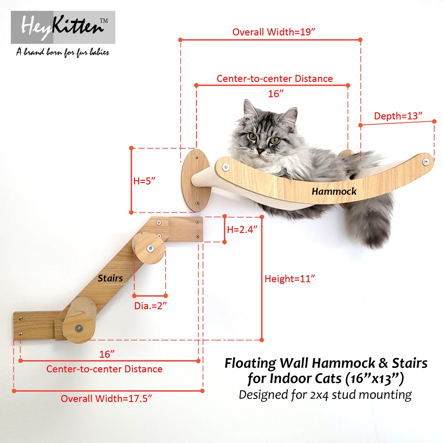 Stud Mounted Cat Wall Hammock with Stylish Curve Panel & Jumping Steps, Walnut