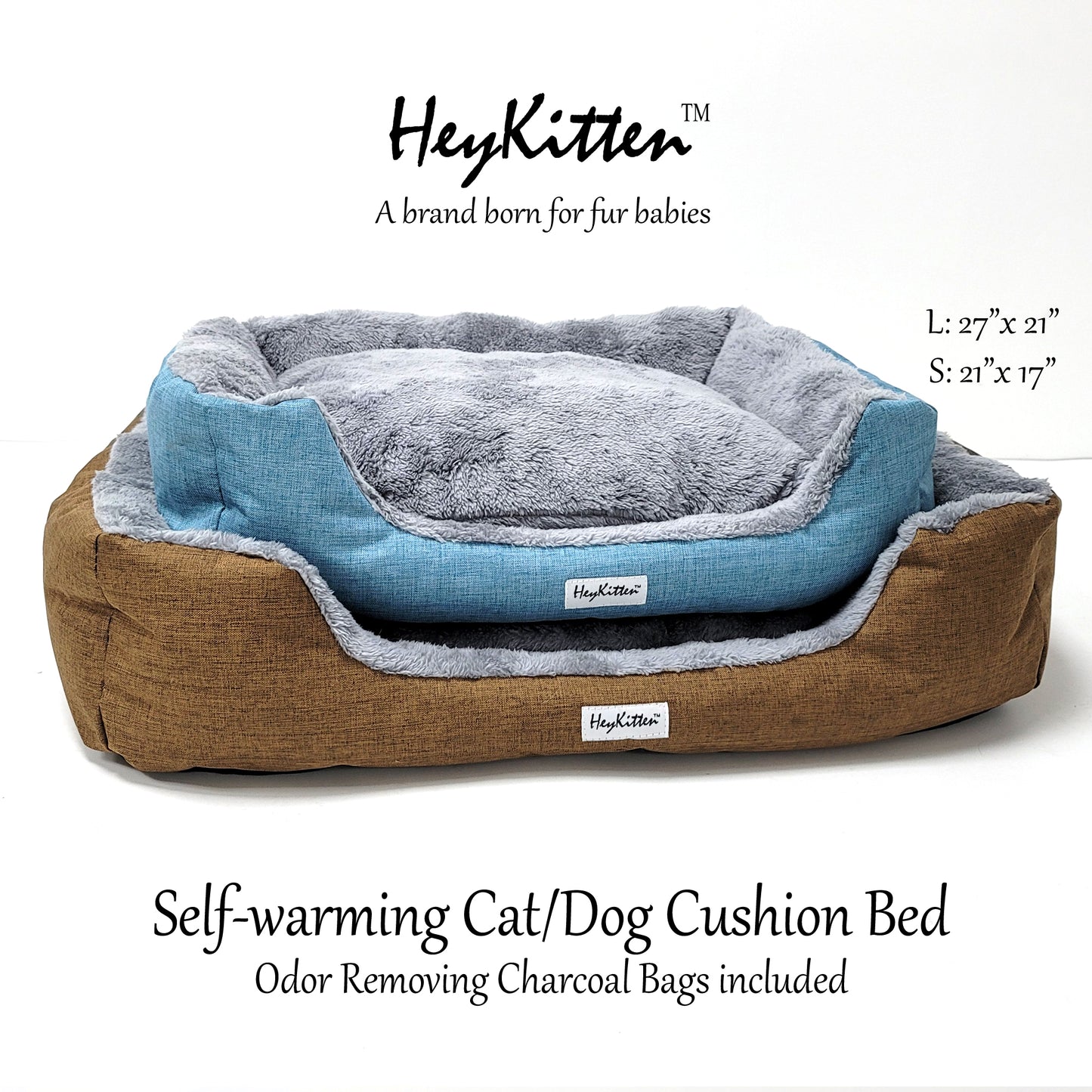 Ultra Soft Cushion Cat Bed with Odor Removing Charcoal Bags (Blue/Brown)